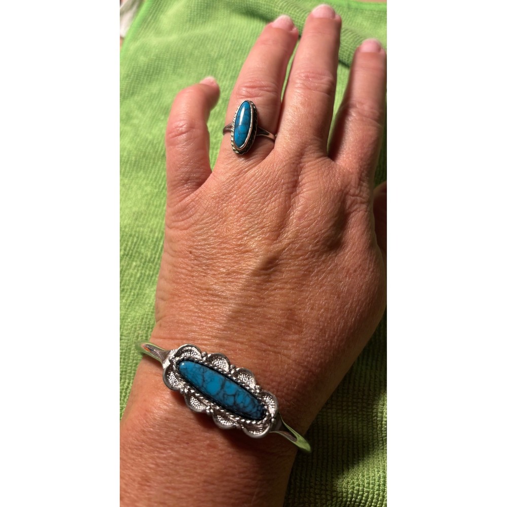 Vintage Alpaca Mexico Ring and Emmons Cuff Turquoise Jewelry Set